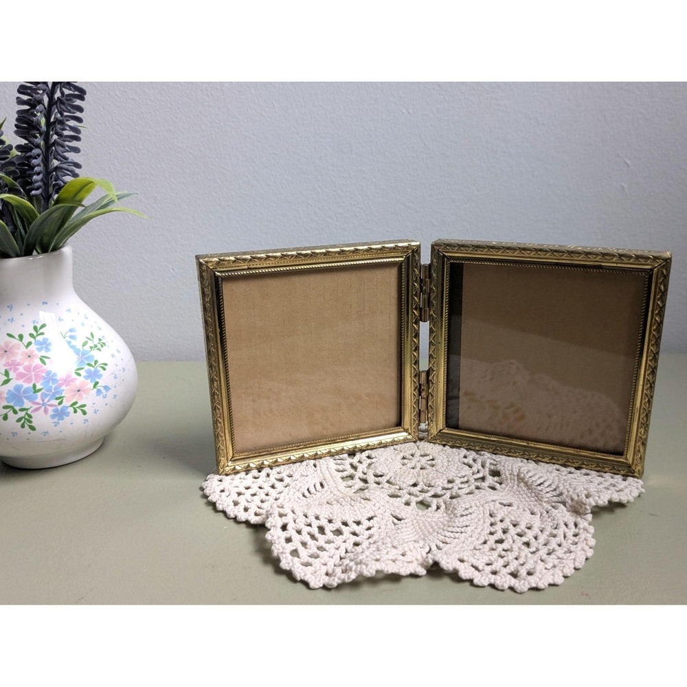 Vintage Brass Double Picture Frame, Hinged Folding Photo Frame, Ornate Gold